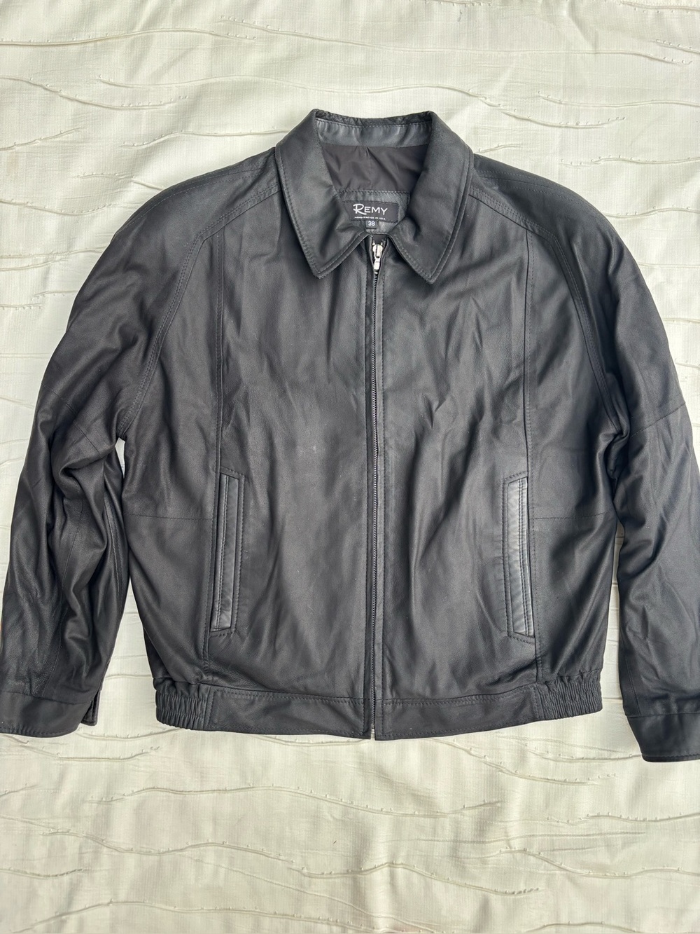 REMY Black Leather Bomber Jacket Men's Size 38 Lambskin Leather